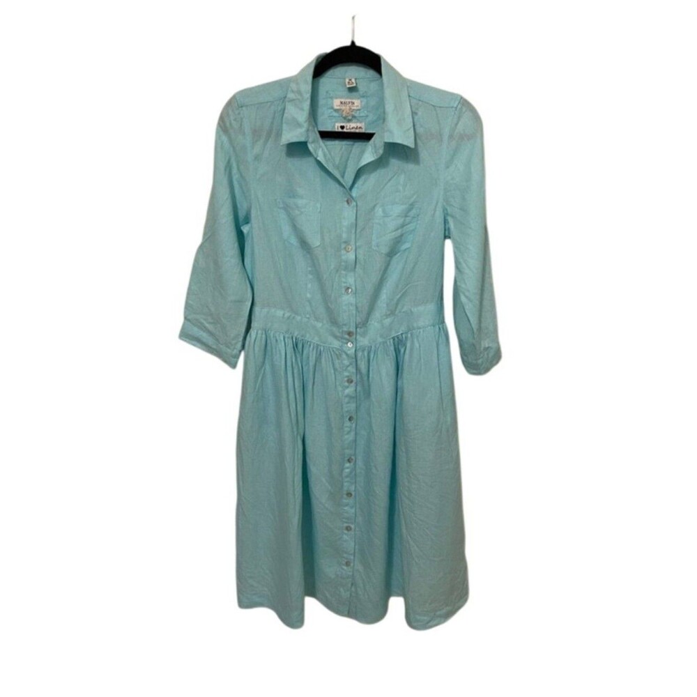 Malvin Hamburg Germany 100% Linen Shirtdress Aqua Blue Button Front Midi Size 8
